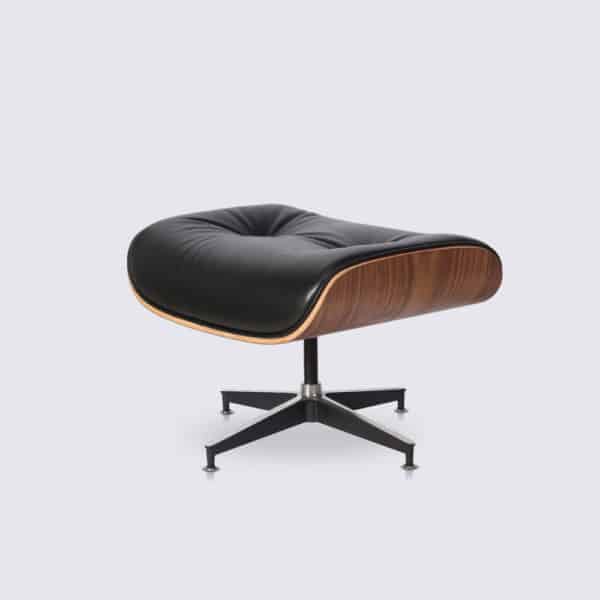 Black Full Grain Leather and Walnut Wood Ottoman - Stefano