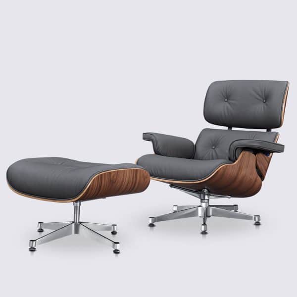 Sillón y otomana de cuero plena flor gris, madera de nogal y base de aluminio pulido - Stefano
