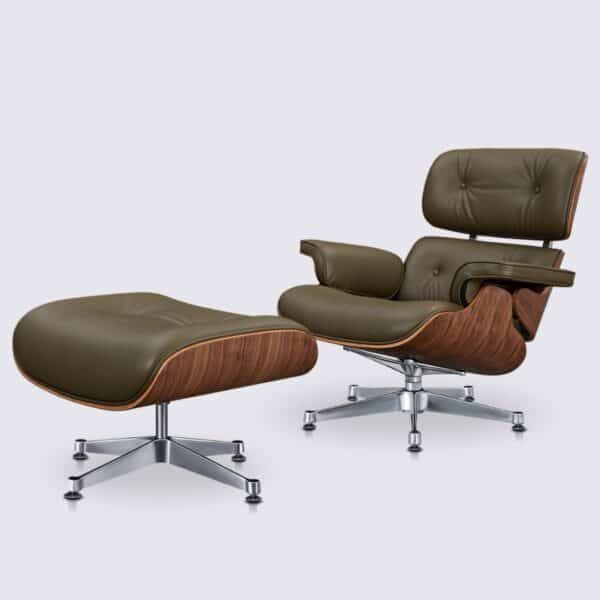 Silla Lounge y Otomana de Piel de Anilina Premium Verde Caqui, Madera de Nogal y Base de Aluminio Pulido Stefano
