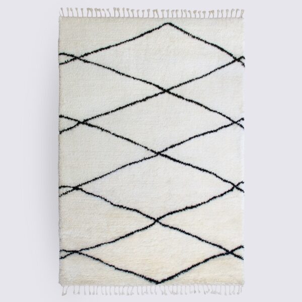 tapis salon berbère marocain losange blanc noir et blanc fait main shaggy en laine nouvelle zelande 160x230cm jalila 55