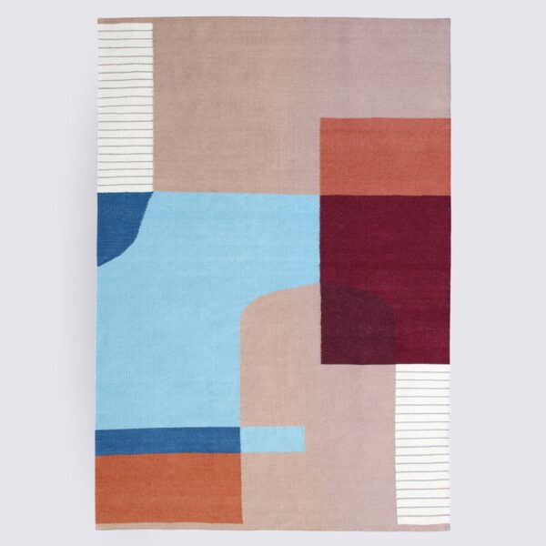 tapis salon fait main bleu foncé orange blanc rouge marron avec frange grand format Kilim design hina 200cm 300cm